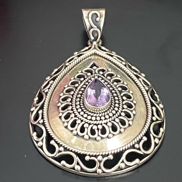 Vintage DP 925 Sterling Silver Filigree Bali Amethyst Large Teardrop Pendant 26g - Picture 11 of 16